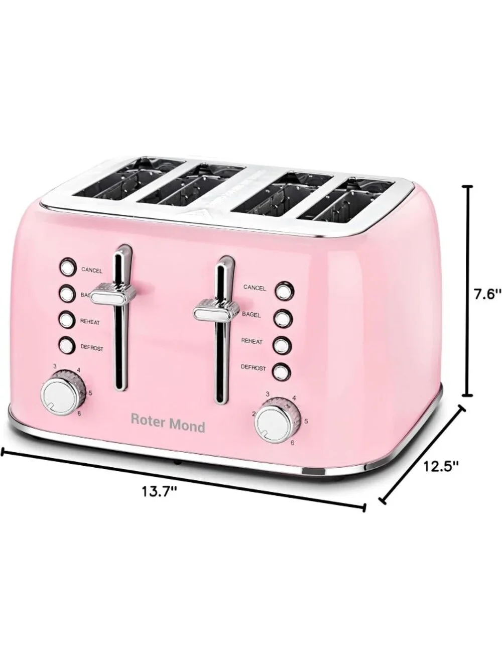 4 Slice Pink Retro Stainless Steel with Extra Wide Slots Bagel Defrost Toaster